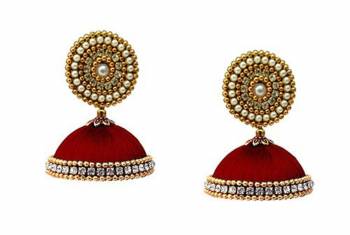 Here Is A Unique Patterned Jhumki Styled Earrings Made With Stone, Pearl And Resham Thread. This Earrings Can Be Paired with Any Same Or Contrasting Colored Traditional Colored Attire. Buy Now. 