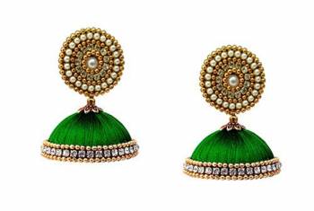 Here Is A Unique Patterned Jhumki Styled Earrings Made With Stone, Pearl And Resham Thread. This Earrings Can Be Paired with Any Same Or Contrasting Colored Traditional Colored Attire. Buy Now. 