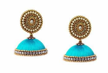 Grab This Beautiful Earrings Set In Jhumki Style Which Can Be Paired With Any Contrasting Or Same Colored Traditional Attire. Mixture Of Stone, Pearl And Resham Thread Are Used To Make This Beautiful Earrings Beautified With Stone Work.