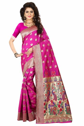 This Festive Season, Look Brightest Of all With This Rani Pink Colored Saree Paired With Rani Pink Colored Blouse. This Saree Is Jacquard Silk Based Paired With Art Silk Fabricated Blouse. 