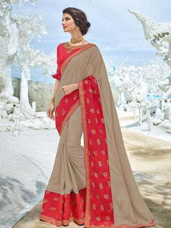 Show your elegance by wearing this gorgeous Sand Grey and Dark Pink color silk fabrics saree. Ideal for party, festive & social gatherings. this gorgeous saree featuring a beautiful mix of designs. Its attractive color and designer heavy embroidered design, Flower patch design, stone design, heavy blouse design, beautiful floral design work over the attire & contrast hemline adds to the look. Comes along with a contrast unstitched blouse.