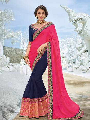 Gorgeously mesmerizing is what you will look at the next wedding gala wearing this beautiful Dark Pink And Navy Blue color georgette saree. Ideal for party, festive & social gatherings. this gorgeous saree featuring a beautiful mix of designs. Its attractive color and designer heavy embroidered design, zari design, stone and zari design, heavy blouse design, beautiful floral design work over the attire & contrast hemline adds to the look. Comes along with a contrast unstitched blouse.