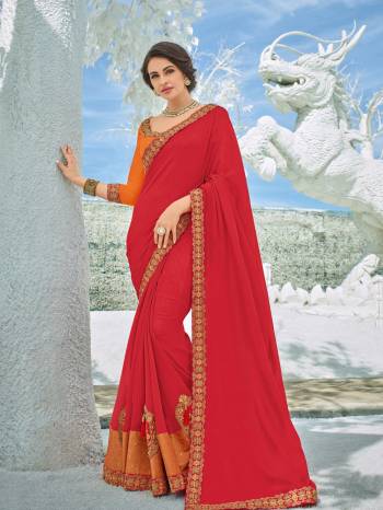 Get this amazing saree  and look pretty like never before. wearing this red color silk fabrics saree. Ideal for party, festive & social gatherings. this gorgeous saree featuring a beautiful mix of designs. Its attractive color and designer heavy embroidered design, Flower patch design, stone design, heavy blouse design, beautiful floral design work over the attire & contrast hemline adds to the look. Comes along with a contrast unstitched blouse.