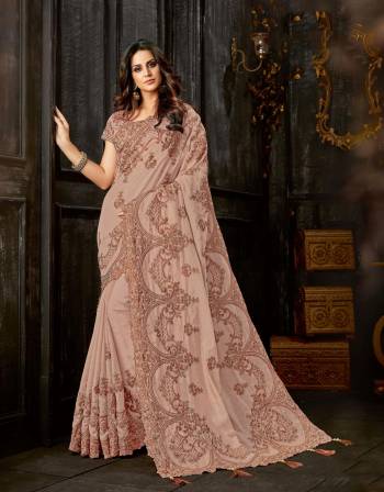 Manifest a playful romance in this tonal emboidered Dusty pink saree adorned with pretty pearls. Keep the look basic to look timeless. 