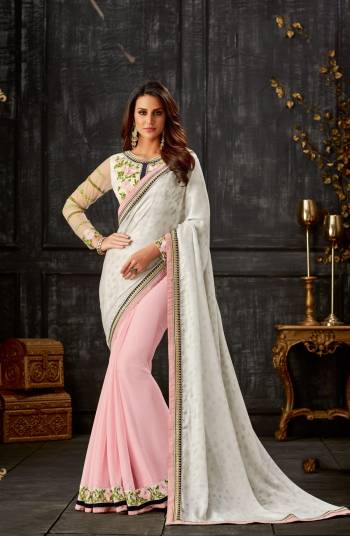 Transform your ethnic indulgence into a statement in this feminine pink and white saree. Add a pearly finish to your make-up and jewels to looks beautiful.