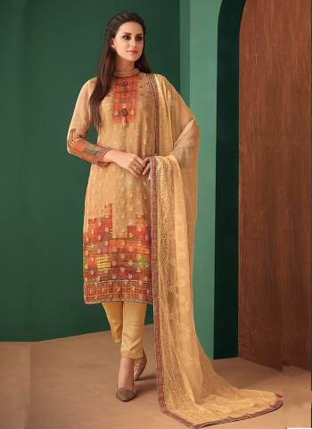 Simple And Elegant Looking Designer Straight Suit Is Here In Beige Color. Its Top IS Georgette Based With Jacquard Butti Paired With Santoon Bottom And Chiffon Dupatta. 