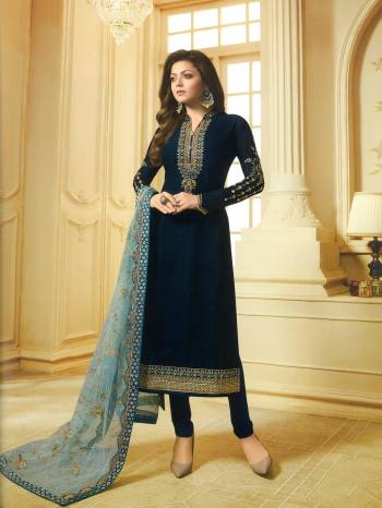 Enhance Your Beauty Wearing This Designer Straight Suit In Navy Blue Color Paired With Lovely Baby Blue Colored Dupatta. Its Top Is Fabricated On Georgette Satin Paired With Santoon Bottom And Net Fabricated Dupatta. Grab Now.