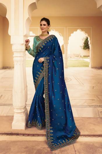 Catch All The Limelight Wearing This Designer Saree In Blue Color Paired With Sky Blue Colored Blouse. This Saree Is Fabricated On Soft Silk Paired With Art Silk Fabricated Blouse. 