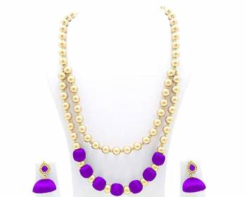 Grab This Beautiful Double Layered Necklace Set Made With Pearls And Resham Thread Balls. This Necklace Set Comes With A Pretty Pair Of Earrings, Pair This Up Any Same Or Contrasting Colored Ethnic Attire. Buy Now.