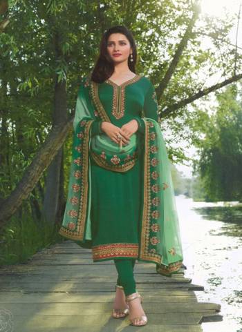 Celebrate This Festive Season With Ease And Comfort Wearing This Designer Straight Suit In Green Color. Its Top Is Georgette Satin Fabricated Paired With Santoon Bottom And Georgette Fabricated Embroidered Dupatta. 