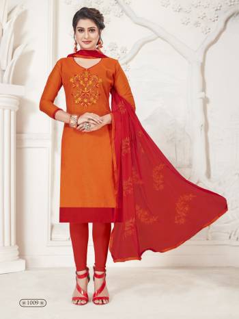 Orange And Red Color Induces Perfect Summery Appeal To Any Outfit, Grab This Dress Material In Orange Color Paired With Contrasting Red Colored Bottom And Dupatta. Its Top Is Silk Based Paired With Cotton Bottom And Chiffon Dupatta. Buy Now.