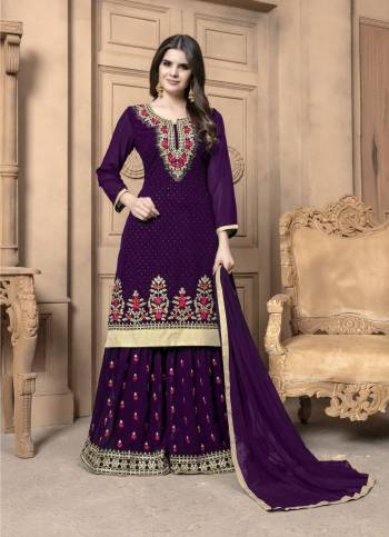 This Festive Season, Adorn A Lovely Look Wearing This Designer Sharara Suit In Purple Color. Its Top And Bottom Are Georgette Based Paired With Chiffon Dupatta. Its Top And Bottom Are Beautified With Heavy Embroidery. Buy Now.