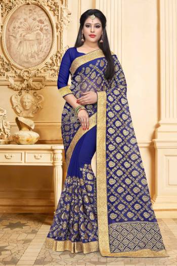 Quite Pretty Shade Is Here With This Designer Saree In Royal Blue Color Fabricated On Georgette. This Saree Has Heavy Embroidery Which Is Also Light weight And Easy To Carry All Day Long. 