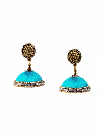 Grab This Beautiful Earrings Set In Jhumki Style Which Can Be Paired With Any Contrasting Or Same Colored Traditional Attire. Mixture Of Metal And Resham Thread Are Used To Make This Beautiful Earrings Beautified With Stone Work.