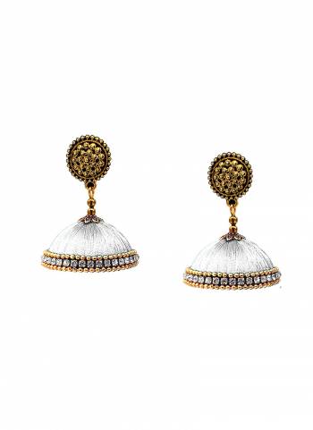 Grab This Beautiful Earrings Set In Jhumki Style Which Can Be Paired With Any Contrasting Or Same Colored Traditional Attire. Mixture Of Metal And Resham Thread Are Used To Make This Beautiful Earrings Beautified With Stone Work.