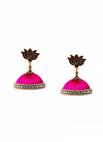 Grab This Beautiful Earrings Set In Jhumki Style Which Can Be Paired With Any Contrasting Or Same Colored Traditional Attire. Mixture Of Metal And Resham Thread Are Used To Make This Beautiful Earrings Beautified With Stone Work.