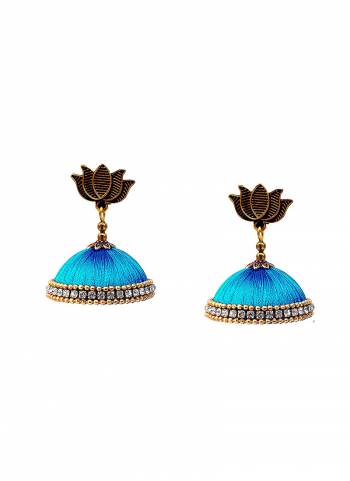 Grab This Beautiful Earrings Set In Jhumki Style Which Can Be Paired With Any Contrasting Or Same Colored Traditional Attire. Mixture Of Metal And Resham Thread Are Used To Make This Beautiful Earrings Beautified With Stone Work.