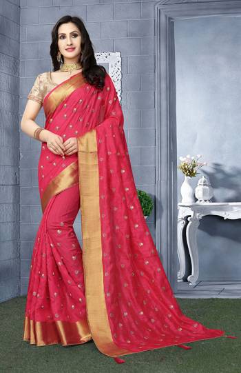 Here Is A Beautiful Designer Silk Based Saree In Dark Pink Color Paired With Beige Colored Blouse. This Saree Is Fabricated On Art Silk Paired With Brocade Fabricated Blouse. It Has Pretty Embroidered Motifs All Over. 