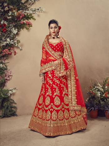 Here Is A Perfect Bridal Look For You With This Heavy designer Lehenga Choli In Red Color. This Lehenga Choli Is Velvet Based Paired With Net Fabricated Dupatta.Its Fabric Also Ensures Superb Comfort Throughout The Gala. 