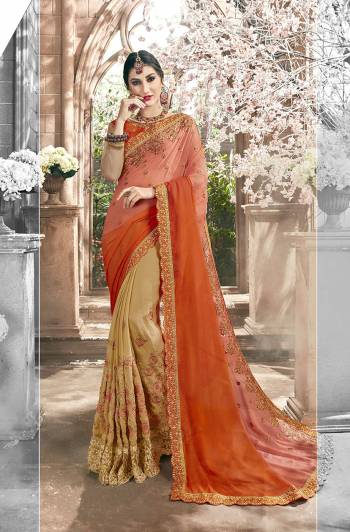 Look Pretty In This Subtle Color Pallete With This Designer Saree In Peach, Orange And Beige Color Paired With Orange And Beige Colored Blouse. This Saree Is Fabricated On Chiffon And Georgette Paired With Art Silk Fabricated Blouse. 