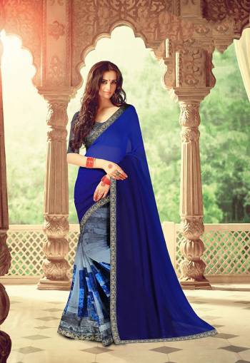 Bright And Visually Appealing Color Is Here With This Saree In Blue And Grey Color Paired With Grey Colored Blouse. This Saree Is Georgette Based Paired With Art Silk Fabricated Blouse. It Is Light In Weight And Easy To Carry All Day Long. 