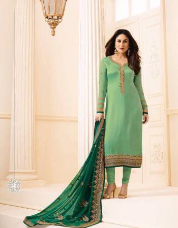 Have Fresh And Pretty Look Every Time You Wear This Designer Straight Suit In Light Green Color Paired With Green Colored Dupatta. Its Top Is Fabricated On Georgette Satin Paired With Santoon Bottom And Chiffon Dupatta. Buy Now.