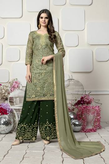 Grab This Beautiful Designer Plazzo Suit For The Upcoming Festive And Wedding Season. Its Pretty Embroidered Top Is Fabricated On Orgenza Paired With Georgette Bottom And Chiffon Dupatta. Its Top And Bottom Are Beautified With Attractive Embroidery Work, Buy Now.