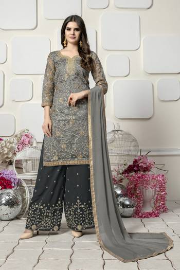 Grab This Beautiful Designer Plazzo Suit For The Upcoming Festive And Wedding Season. Its Pretty Embroidered Top Is Fabricated On Orgenza Paired With Georgette Bottom And Chiffon Dupatta. Its Top And Bottom Are Beautified With Attractive Embroidery Work, Buy Now.