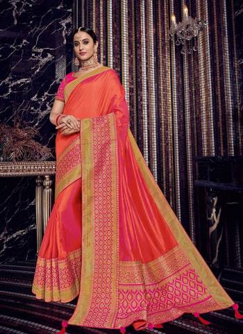 Wear this orange and pink color silk fabric with rich jacquard pallu saree. Ideal for party, festive & social gatherings. this gorgeous saree featuring a beautiful mix of designs. Its attractive color and designer heavy design, stone design, silk fabric with rich jacquard pallu and beautiful design all over work over the attire & contrast hemline adds to the look. Comes along with a contrast unstitched blouse.