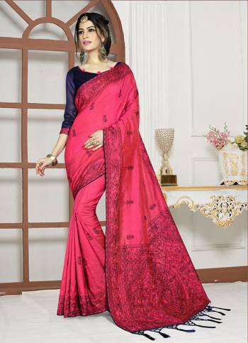 Add This Pretty Bright Shade To Your Wardrobe With This Designer Saree In Dark Pink Color Paired With Contrasting Navy Blue Colored Blouse. This Saree And Blouse Are Fabricated On Art Silk Which Also Gives A Rich Look To Your Personality. 