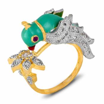 For A Quite Heavy Look, Grab This Pretty Peacock Patterned Ring With Multi Colored Stone Work. It Can e Paired With Any Colored Ethnic Attire.