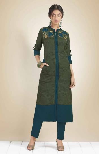 Grab This Designer Readymade Kurti In Dark Olive Green Color Fabricated On Cotton Beautified With Thread Work. This Suit suitable For Semi-Casual Or Festive Wear. 