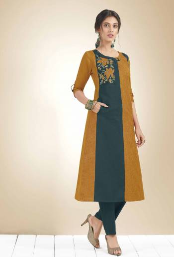 Grab This Designer Readymade Kurti In Musturd Yellow And Teal Blue Color Fabricated On Cotton Beautified With Thread Work. This Suit suitable For Semi-Casual Or Festive Wear. 