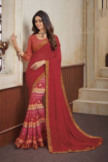 For Your Casual Or Semi-Casual Wear, Grab This Lovely Printed Saree Fabricated On Georgette. This Saree Is Beautified With Prints And Lace Border. 