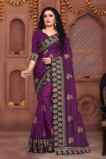 Here Is A Beautiful Designer Saree In Purple Color Paired With Purple Colored Blouse. This Saree And Blouse Are Fabricated On Art Silk Beautified With Jari Embroidery And Stone Work. Buy Now.