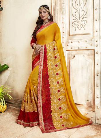 Celebrate This Festive Wearing This Designer Saree In Musturd Yellow Color Paired With Contrasting Red Colored Blouse. This Saree Is Georgette Based Paired With Art Silk Fabricated Blouse. It Is Light Weight And Easy To Carry All Day Long.