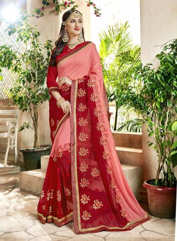 Here Is An Evergreen Combination With This Designer Saree In Pink And Red Color Paired With Red Colored Blouse. This Saree Is Fabricated On Georgette Paired With Art Silk Fabricated Blouse. Its Rich Color Combination Will Earn You Lots Of Compliments From Onlookers.