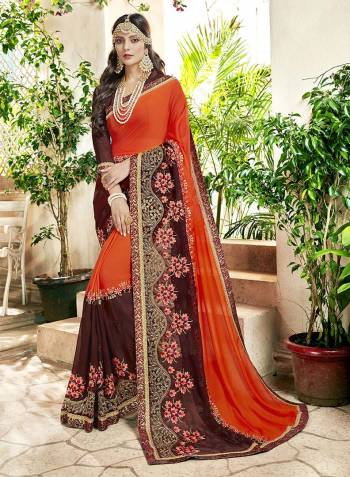 This Festive Season Has Bright Shades Trend, So Grab This Designer Saree In Orange And Brown Color Paired With Brown Colored Blouse. This Saree Is Fabricated On Georgette Paired With Art Silk Fabricated Blouse. It Is Easy To Drape And Carry All Day Long.