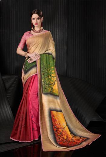 Grab This Beautiful Printed Saree For Semi-Casual Or Festive Wear. This Saree And Blouse Are Fabricated On Linen Silk Beautified With Bold Prints All Over. 