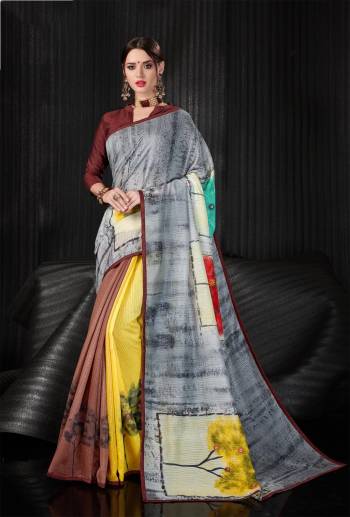 Grab This Beautiful Printed Saree For Semi-Casual Or Festive Wear. This Saree And Blouse Are Fabricated On Linen Silk Beautified With Bold Prints All Over. 