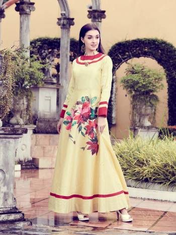 Simple And Elegant Looking Designer Readymade Long Kurti Is Here In Light Yellow Color Fabricated On Art Silk. Its Fabric IS Soft Towards Skin And Easy To Carry All Day Long. 