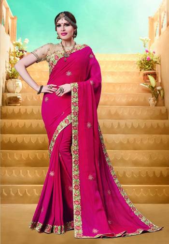 Bright And Visually Appealing Color Is Here In With This Designer Saree In Dark Pink Color Paired With Cream Colored Blouse. This Saree Is Fabricated On Art Silk Paired With Art Silk And Net Fabricated Blouse. 