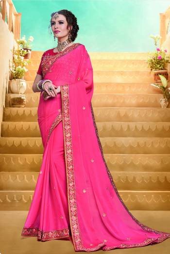 Look Pretty In This Pretty Pink Colored Saree Paired With Contrasting Red Colored Blouse. This Saree Is Fabricated On Satin Silk Paired With Art Silk Fabricated Blouse. Grab This Lovely Color Pallete Now.