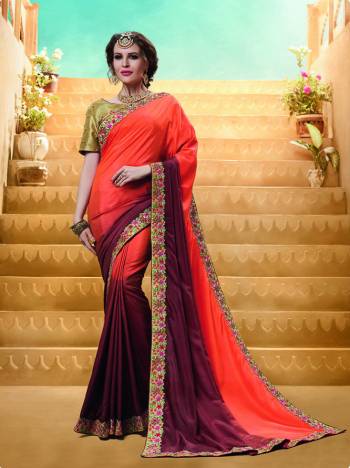 Shades Are Always In, So Grab This Designer Saree In Shaded Orange And Brown Color Paired With Beige Color Blouse. This Saree And Blouse Are Silk Based Beautified With Embroidered Lace And Blouse. Buy This Now.