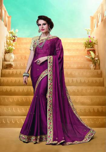 New Shade Is Here With This Designer Saree In Wine Color Paired With Beige Colored Blouse. This Saree And Blouse Are Silk Based Beautified With  Embroidered Lace Border And Blouse. It Is Durable, Easy To Drape And Comfortably Carry All Day Long. 