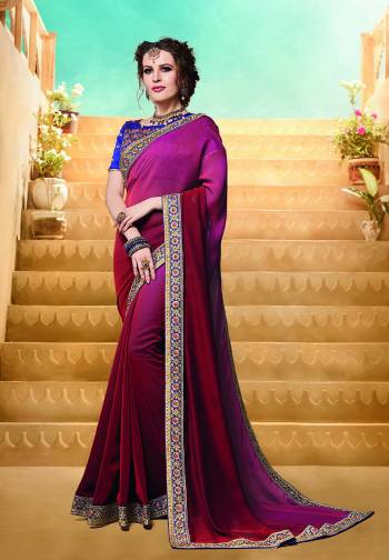 Shades Are Always In, So Grab This Designer Saree In Shaded Magenta Pink And Maroon Color Paired With Violet Color Blouse. This Saree Is Fabricated On Satin Silk Paired With Art Silk Fabricated Blouse, Beautified With Embroidered Lace And Blouse. Buy This Now.