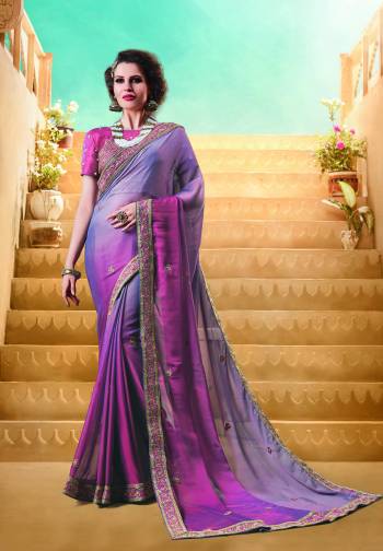 Very Pretty Color Pallete Is Here With This Designer Saree In Purple And Pink Color Paired With Pink Colored Blouse. This Saree Is Fabricated On Satin Georgette Paired With art Silk Fabricated Blouse. It Is Light In Weight And easy To Carry All Day Long.