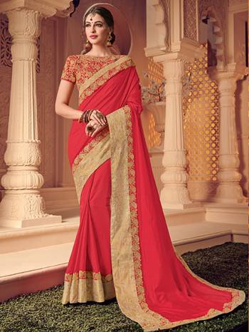 Wear this red color two tone silk saree. Ideal for party, festive & social gatherings. this gorgeous saree featuring a beautiful mix of designs. Its attractive color and heavy designer saree, attractive sequence work, stone design, beautiful floral design work over the attire & contrast hemline adds to the look. Comes along with a contrast unstitched blouse.