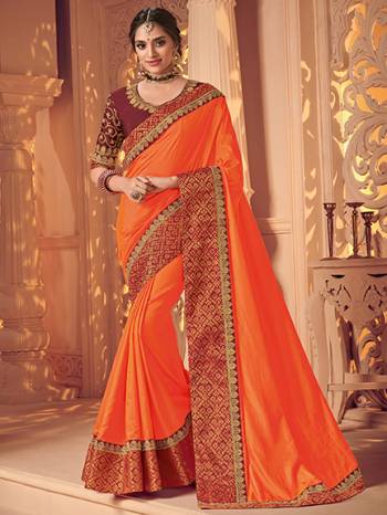 Vibrant and visually appealing, this orange color two tone silk saree. Ideal for party, festive & social gatherings. this gorgeous saree featuring a beautiful mix of designs. Its attractive color and heavy designer saree, attractive Designs, stone design, beautiful floral design work over the attire & contrast hemline adds to the look. Comes along with a contrast unstitched blouse.