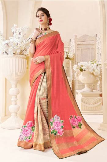 A Must Have Shade In Every Womens Wardrobe Is Here With This Saree In Peach And Beige Color Paired With Beige Colored Blouse. This Saree And Blouse Are Fabricated On Art Silk Beautified Prints And Patch Work. Buy This Light Weight Saree Now.